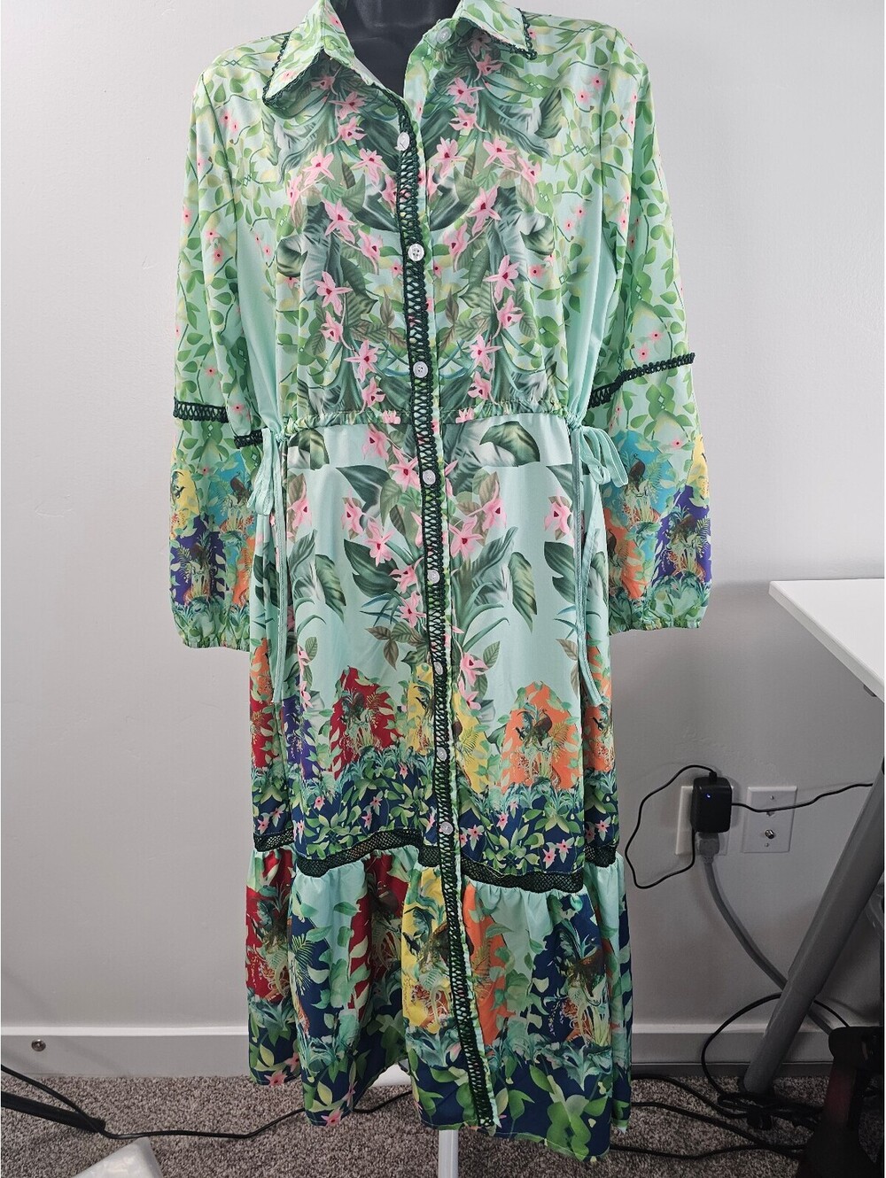Floral Pattern Long Sleeve Button-Down Dress with Waist Tie